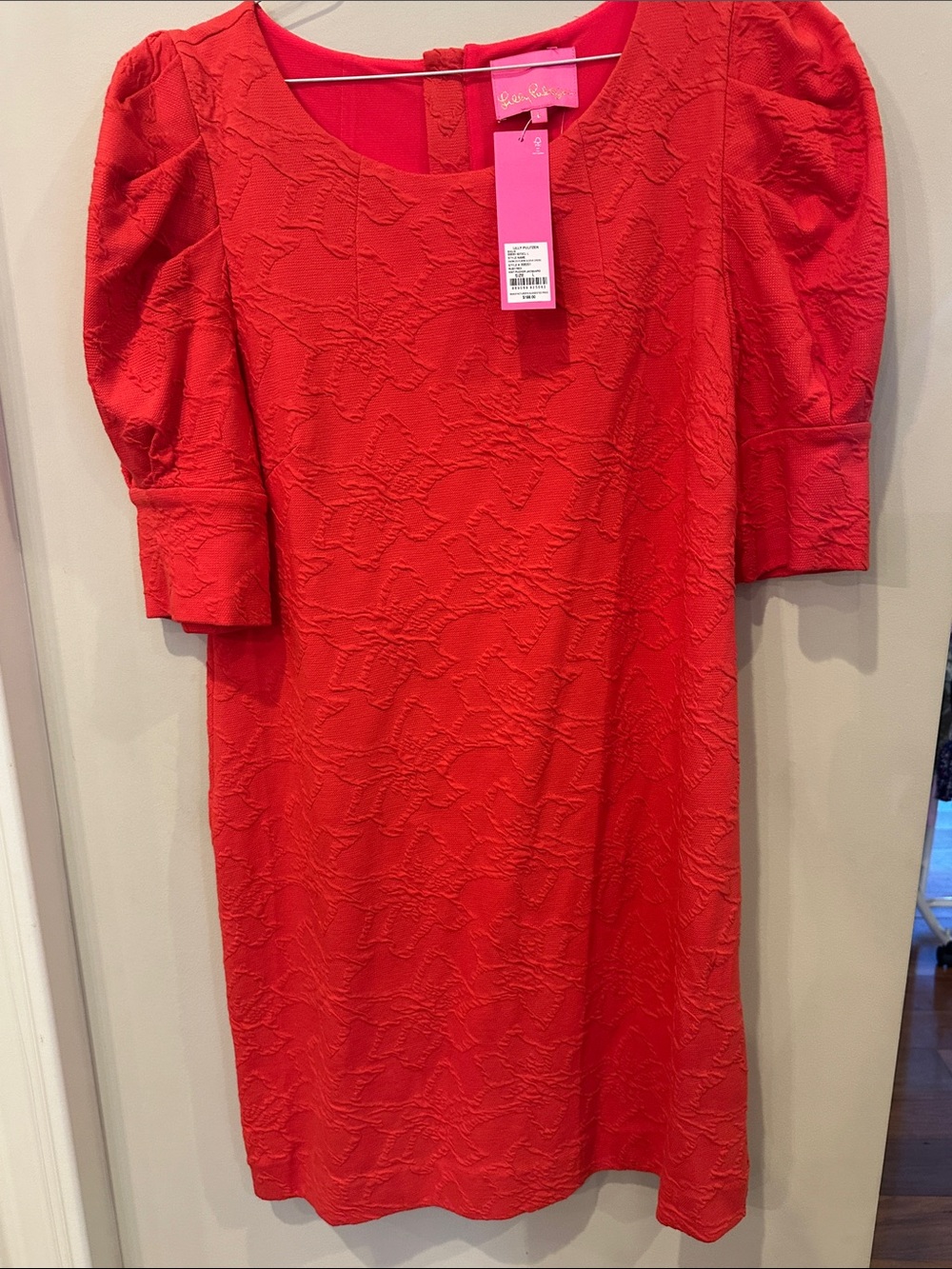 Lilly Pulitzer Knowles Elbow sleeve Dress. Ruby Red knit pucker jacquard